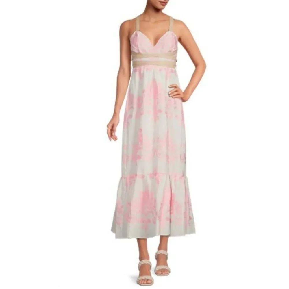 a loves a Embroidered Voile Pink White Maci Dress Faux Leather Corset Tie Back